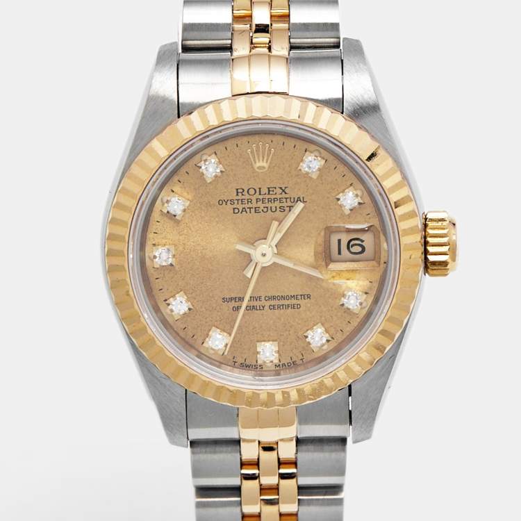 مملوكة مسبقًا Rolex Champagne Diamond 18k Yellow Gold Stainless Steel Datejust 69173 Women's Wristwatch 26 mm