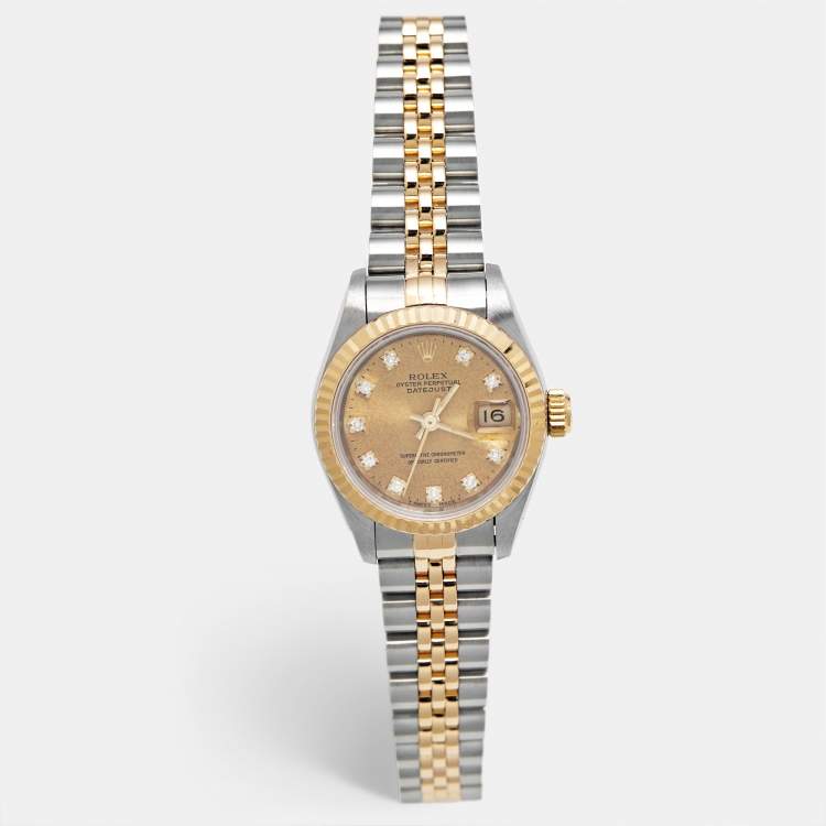 مملوكة مسبقًا Rolex Champagne Diamond 18k Yellow Gold Stainless Steel Datejust 69173 Women's Wristwatch 26 mm