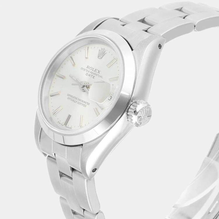 Pre Owned Rolex Oyster Perpetual Date 69160 Automatic Silver Stainless Steel Women's Wristwatch 26 mm