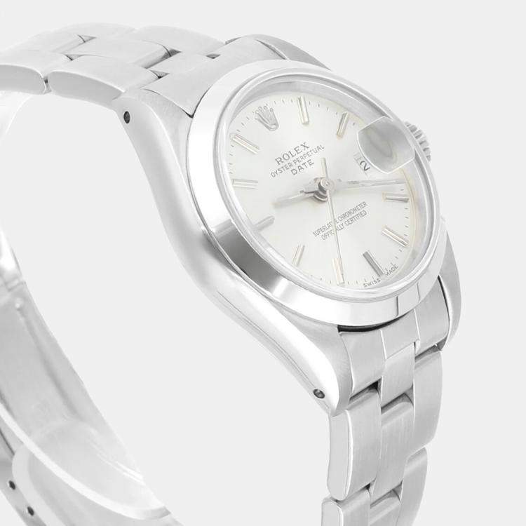 Pre Owned Rolex Oyster Perpetual Date 69160 Automatic Silver Stainless Steel Women's Wristwatch 26 mm