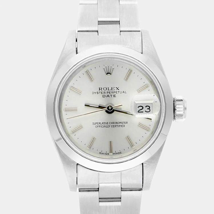 Pre Owned Rolex Oyster Perpetual Date 69160 Automatic Silver Stainless Steel Women's Wristwatch 26 mm