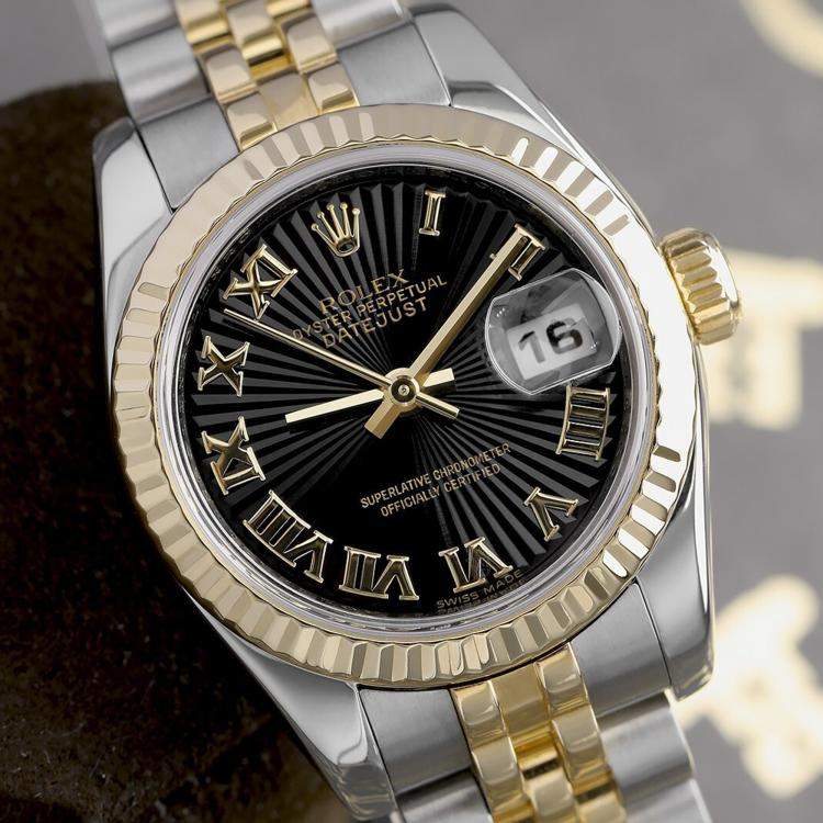 Pre Owned Rolex Datejust 179173 Automatic Black 18k Yellow Gold Stainless Steel Women's Wristwatch 26 mm