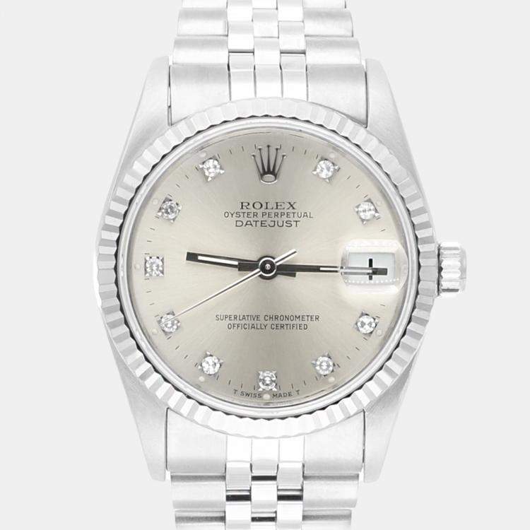 Pre Owned Rolex Datejust 68274 Automatic Silver 18k White Gold Stainless Steel Women's Wristwatch 31 mm