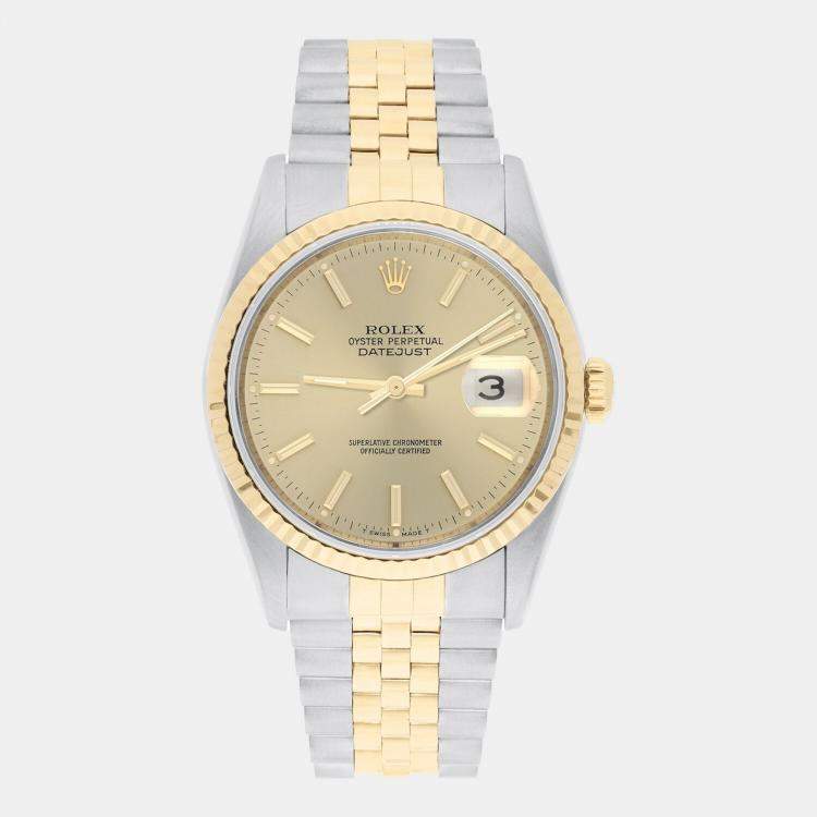 Pre Owned Rolex Datejust 16233 Automatic Champagne 18k Yellow Gold Stainless Steel Women's Wristwatch 36 mm