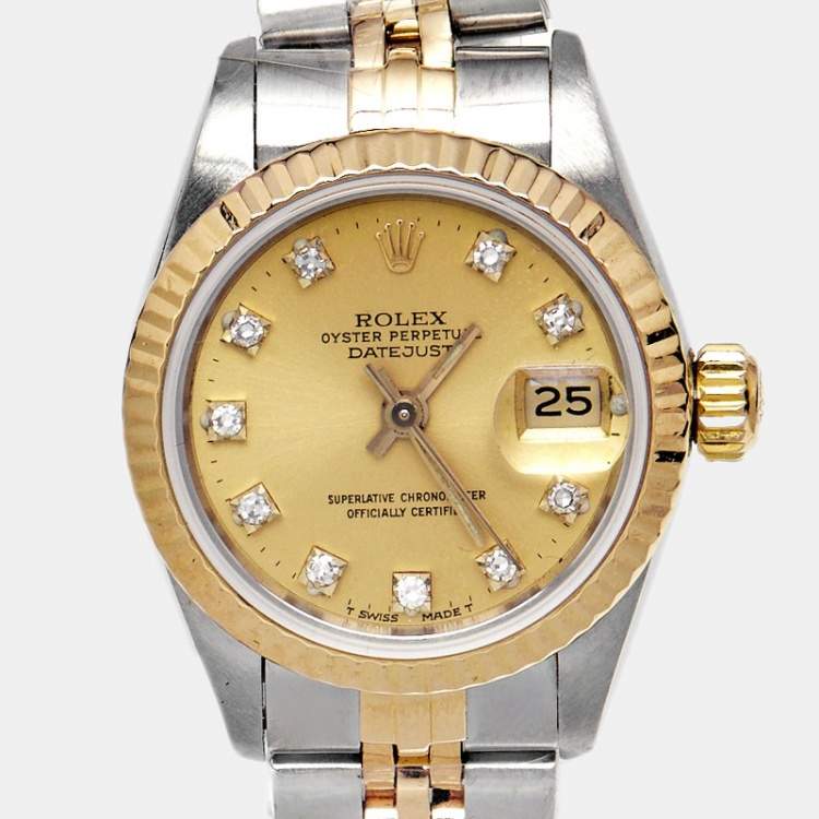 Pre Owned ساعه يد نسائية رولكس ديت جست 69173 ذهب أصفر عيار 18 وألماس شامبانيا 26 مم