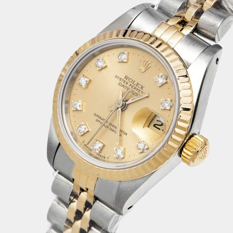 Pre Owned ساعه يد نسائية رولكس ديت جست 69173 ذهب أصفر عيار 18 وألماس شامبانيا 26 مم