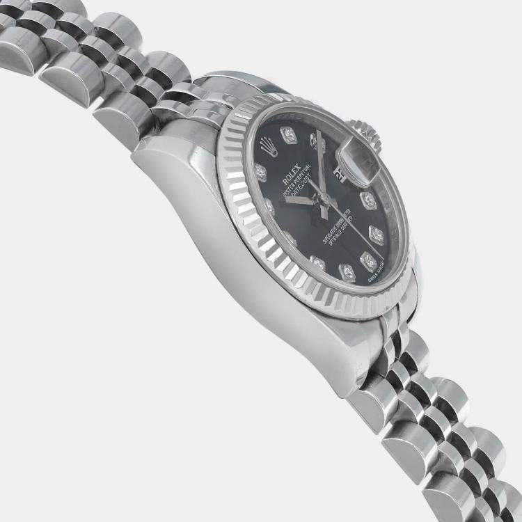 Pre Owned Rolex Datejust 179174 Automatic Black Diamond Dial 18K White Gold Stainless Steel Women's Wristwatch 26 mm