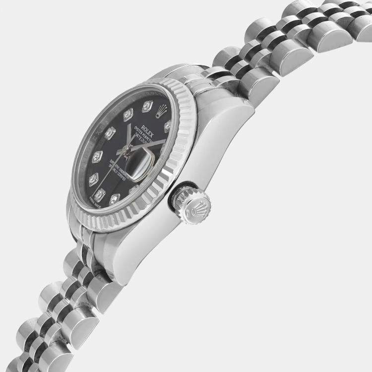 Pre Owned Rolex Datejust 179174 Automatic Black Diamond Dial 18K White Gold Stainless Steel Women's Wristwatch 26 mm