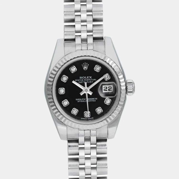 Pre Owned Rolex Datejust 179174 Automatic Black Diamond Dial 18K White Gold Stainless Steel Women's Wristwatch 26 mm