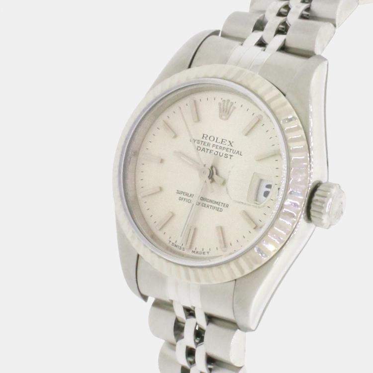 Pre Owned Rolex Datejust 69174 Automatic Silver 18k White Gold Stainless Steel Women's Wristwatch 26 mm