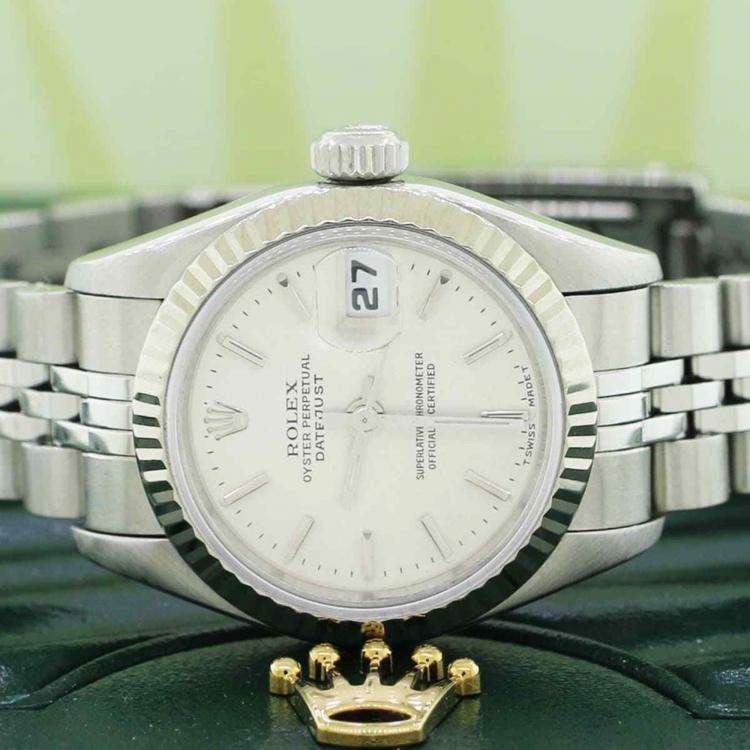 Pre Owned Rolex Datejust 69174 Automatic Silver 18k White Gold Stainless Steel Women's Wristwatch 26 mm