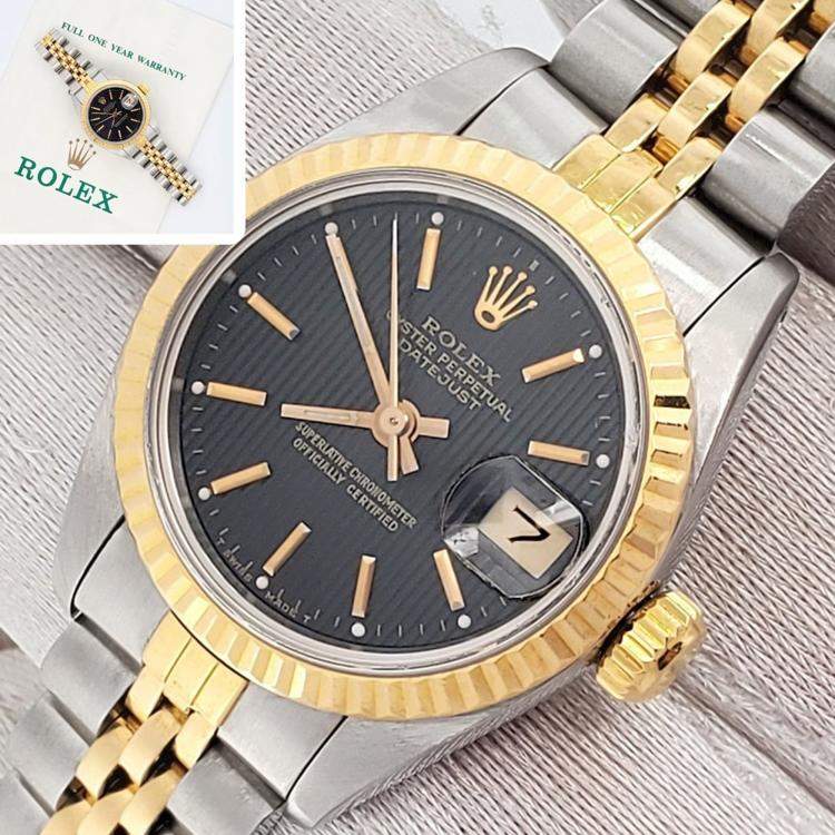 Pre Owned Rolex Datejust 69173 Automatic Black 18k Yellow Gold Stainless Steel Women's Wristwatch 26 mm