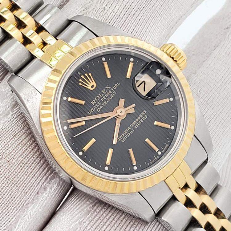Pre Owned Rolex Datejust 69173 Automatic Black 18k Yellow Gold Stainless Steel Women's Wristwatch 26 mm