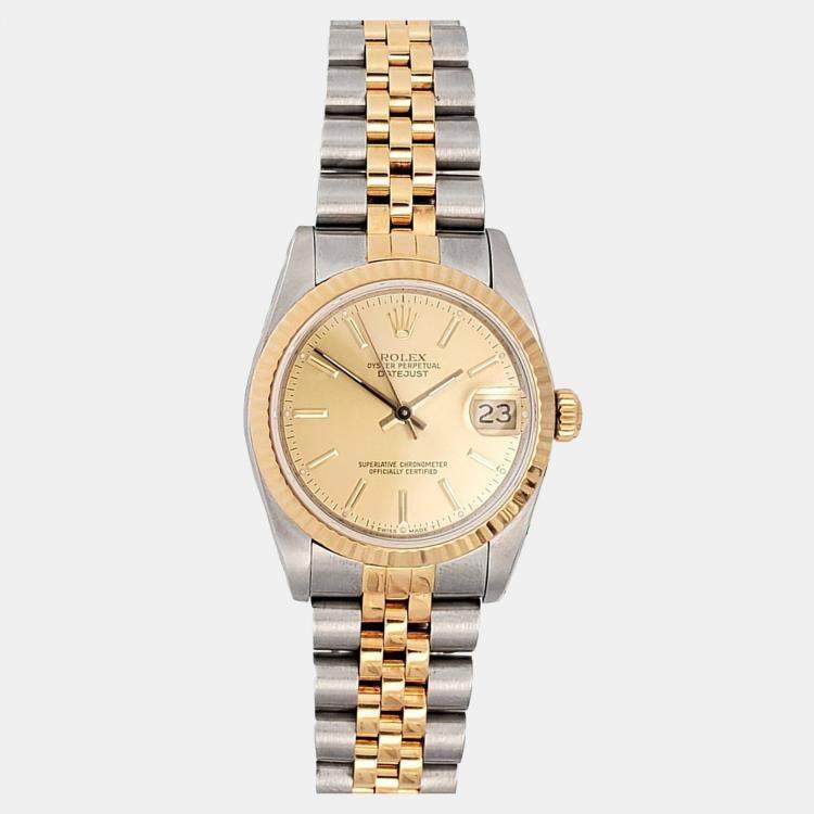 Pre Owned Rolex Datejust 68273 Automatic Champapgne 18k Yellow Gold Stainless Steel Women's Wristwatch 31 mm