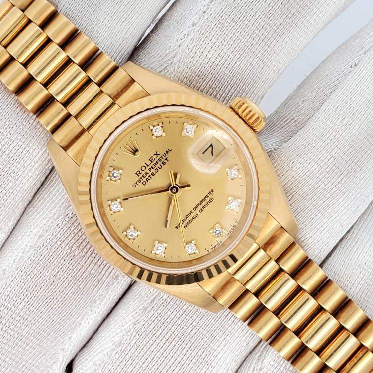 Pre Owned Rolex President Datejust 69178 Automatic Champagne Diamond 18K Yellow Gold Women's Wristwatch 26 mm