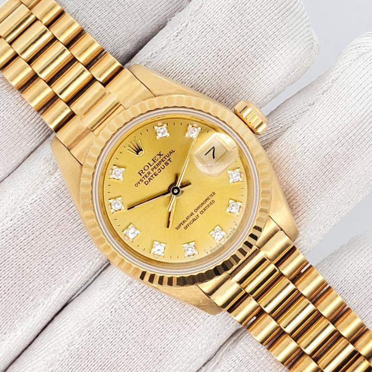 Pre Owned Rolex President Datejust 69178 Automatic Champagne Diamond 18K Yellow Gold Women's Wristwatch 26 mm