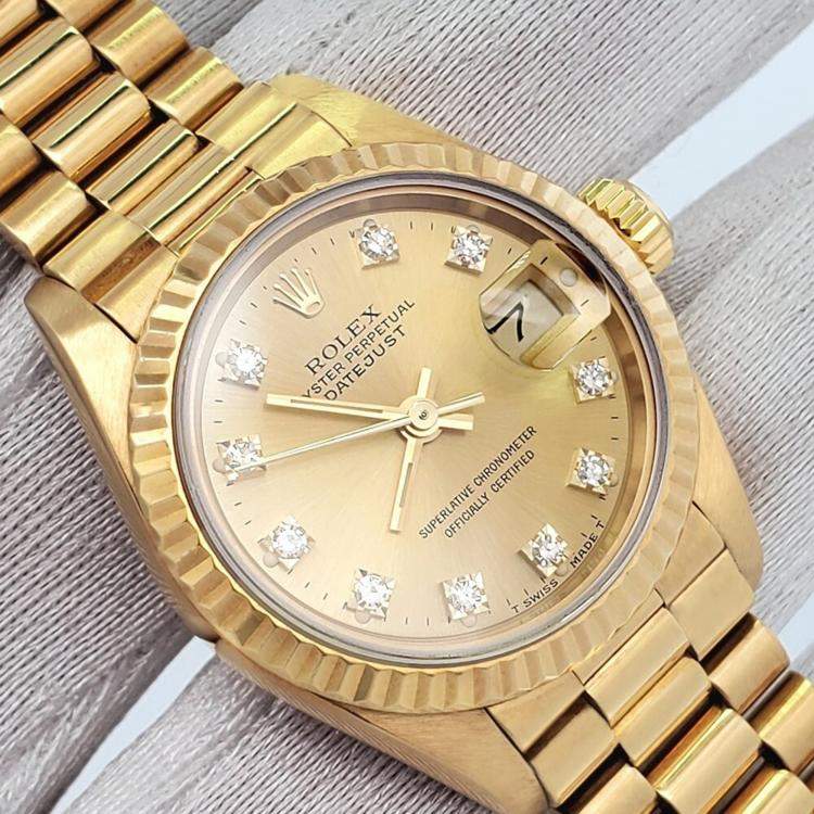 Pre Owned Rolex President Datejust 69178 Automatic Champagne Diamond 18K Yellow Gold Women's Wristwatch 26 mm