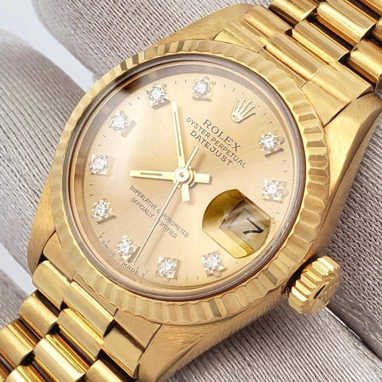 Pre Owned Rolex President Datejust 69178 Automatic Champagne Diamond 18K Yellow Gold Women's Wristwatch 26 mm