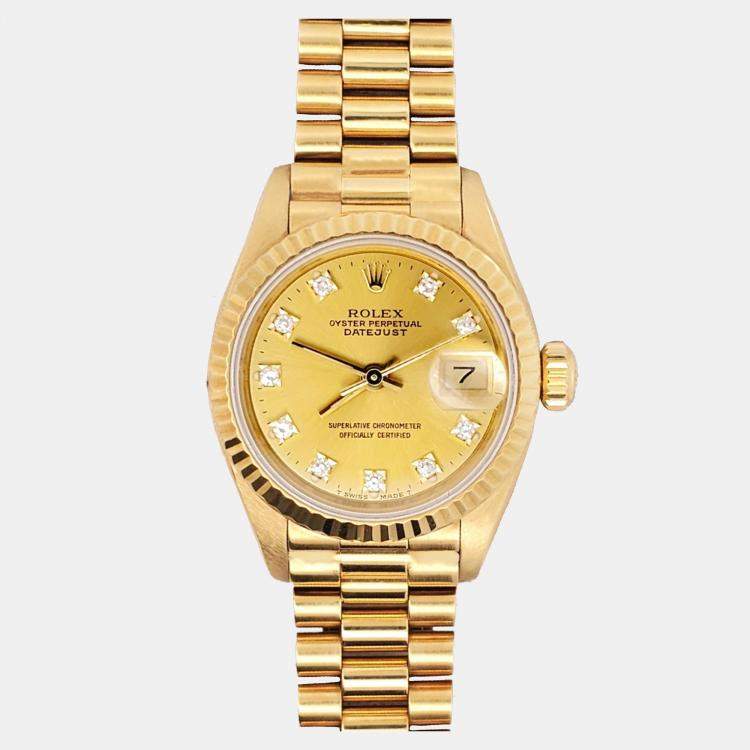Pre Owned Rolex President Datejust 69178 Automatic Champagne Diamond 18K Yellow Gold Women's Wristwatch 26 mm