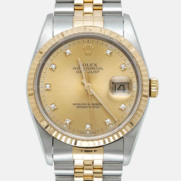 Pre Owned Rolex Champagne Diamond 18K Yellow Gold Stainless Steel Datejust 16233 Unisex Wristwatch 36 mm