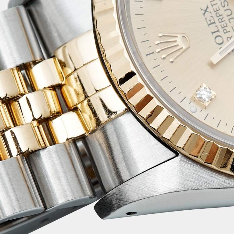 Pre Owned Rolex Champagne Diamond 18K Yellow Gold Stainless Steel Datejust 16233 Unisex Wristwatch 36 mm