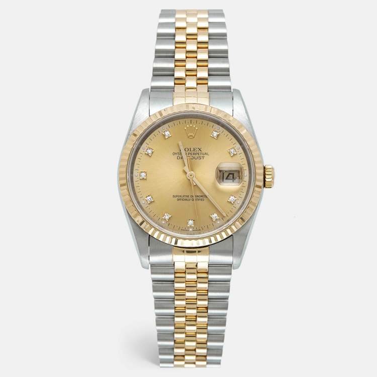Pre Owned Rolex Champagne Diamond 18K Yellow Gold Stainless Steel Datejust 16233 Unisex Wristwatch 36 mm