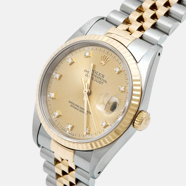 Pre Owned Rolex Champagne Diamond 18K Yellow Gold Stainless Steel Datejust 16233 Unisex Wristwatch 36 mm