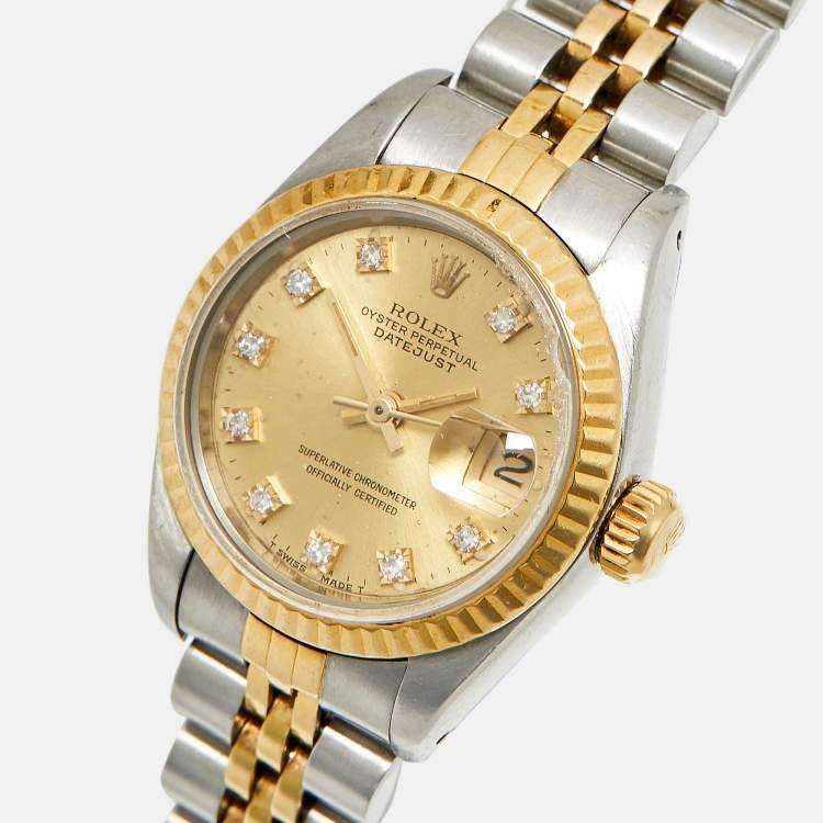 Pre Owned Rolex Datejust 69173 Champagne Dial Diamond 18k Yellow Gold Stainless Steel Women's Wristwatch 26 mm