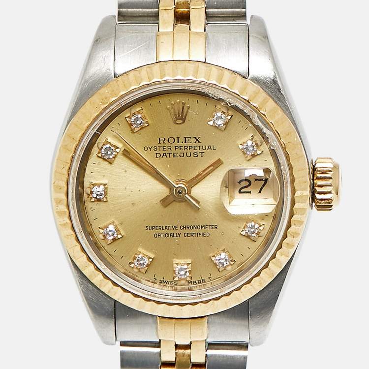 Pre Owned Rolex Datejust 69173 Champagne Dial Diamond 18k Yellow Gold Stainless Steel Women's Wristwatch 26 mm