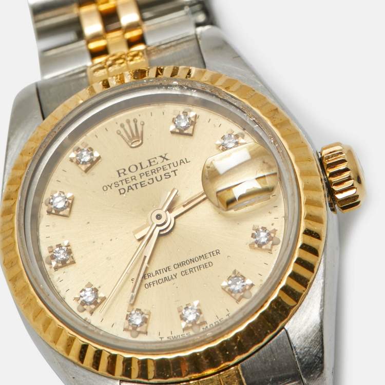 Pre Owned Rolex Datejust 69173 Champagne Dial Diamond 18k Yellow Gold Stainless Steel Women's Wristwatch 26 mm