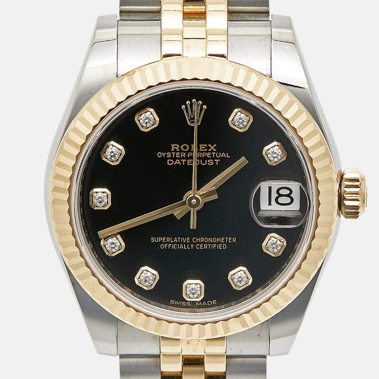 Pre Owned Rolex Datejust 178273-0020 Black Dial Diamond 18K Yellow Gold Stainless Steel Women's Wristwatch 31 mm