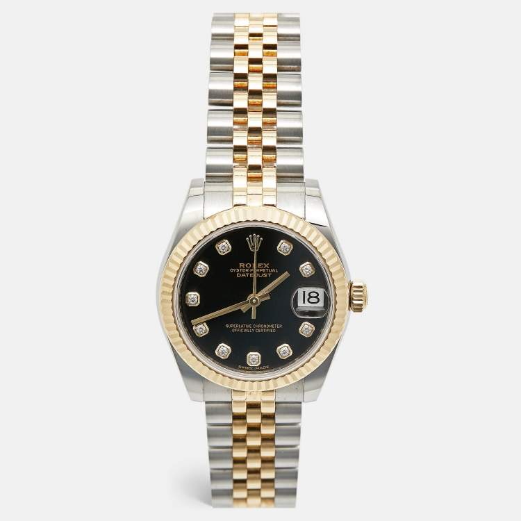 Pre Owned Rolex Datejust 178273-0020 Black Dial Diamond 18K Yellow Gold Stainless Steel Women's Wristwatch 31 mm