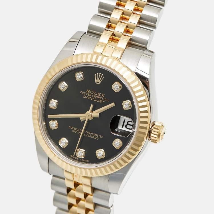 Pre Owned Rolex Datejust 178273-0020 Black Dial Diamond 18K Yellow Gold Stainless Steel Women's Wristwatch 31 mm