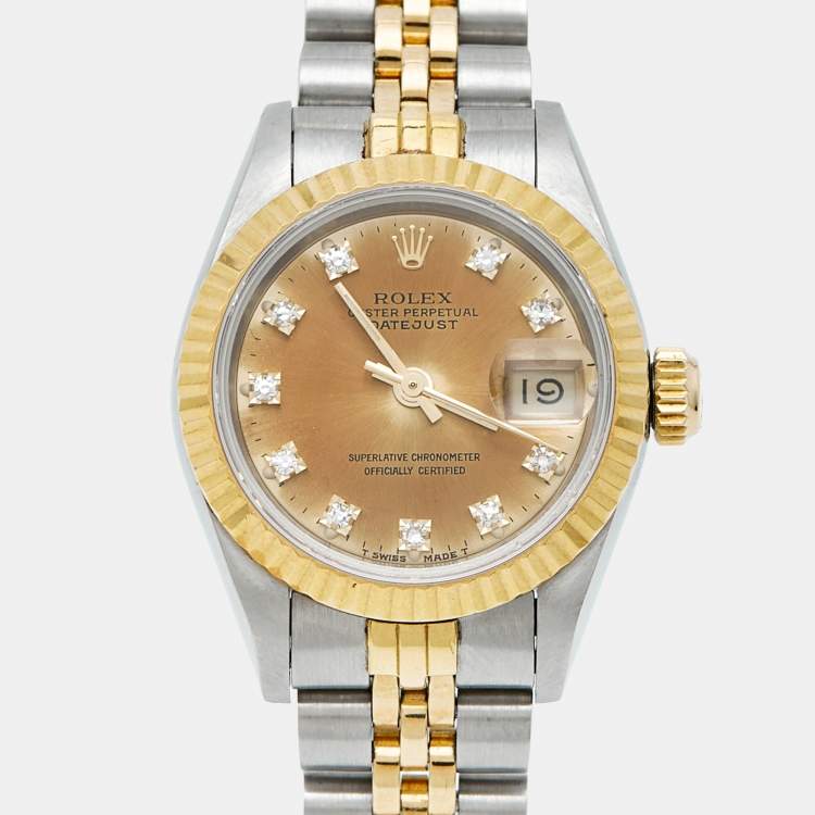 Pre Owned ساعة يد نسائية رولكس ديت جست 69173  ستانلس ستيل ذهب أصفر عيار 18 ألماس شامبانيا 26 مم