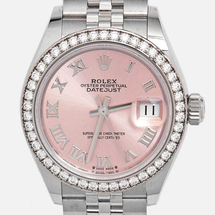 Pre Owned Rolex Pink 18k White Gold Diamond Oystersteel Datejust 279384RBR Women's Wristwatch 28 mm 