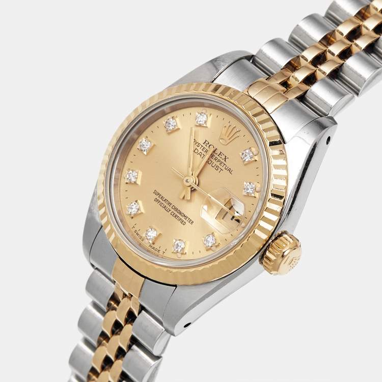 مملوكة مسبقًا Rolex Datejust 69173 Champagne Dial Diamond 18K Yellow Gold Stainless Steel Women's Wristwatch 26 mm