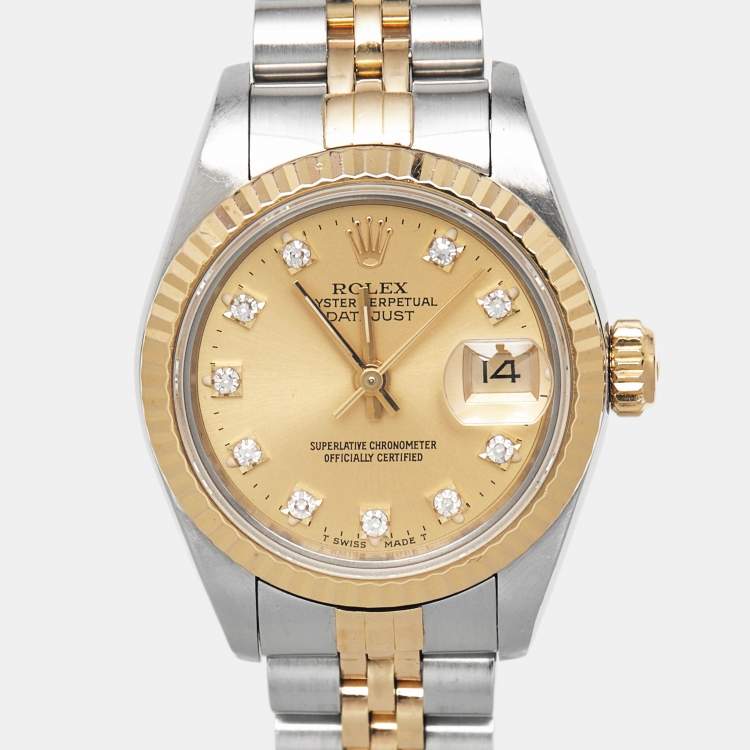 مملوكة مسبقًا Rolex Datejust 69173 Champagne Dial Diamond 18K Yellow Gold Stainless Steel Women's Wristwatch 26 mm