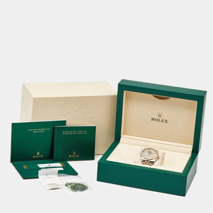 مملوكة مسبقًا ساعة يد رجالية رولكس ديت جست 116243-0018 ذهب أصفر عيار 18 وستانلس ستيل وألماس وصدف بيضاء 36 مم