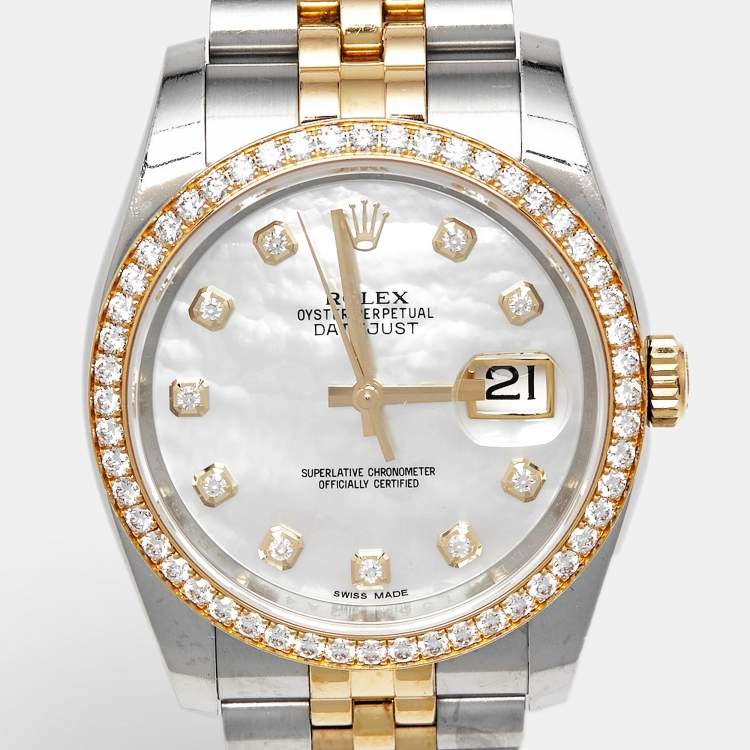 مملوكة مسبقًا ساعة يد رجالية رولكس ديت جست 116243-0018 ذهب أصفر عيار 18 وستانلس ستيل وألماس وصدف بيضاء 36 مم