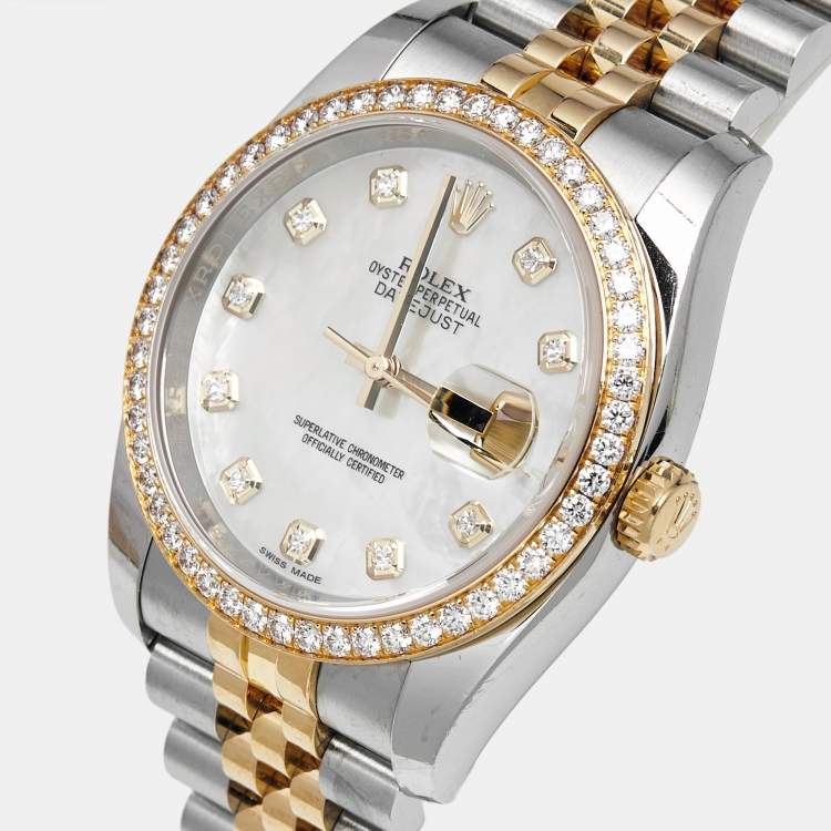 مملوكة مسبقًا ساعة يد رجالية رولكس ديت جست 116243-0018 ذهب أصفر عيار 18 وستانلس ستيل وألماس وصدف بيضاء 36 مم