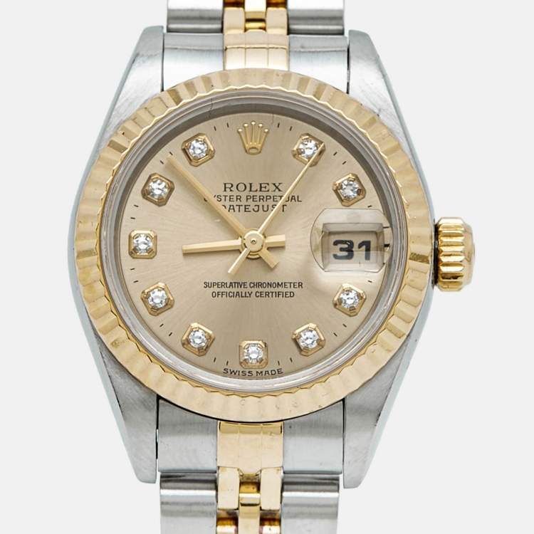 Pre Owned Rolex Datejust 69173 Champagne Dial Diamond 18K Yellow Gold Stainless Steel Women's Wristwatch 26 mm
