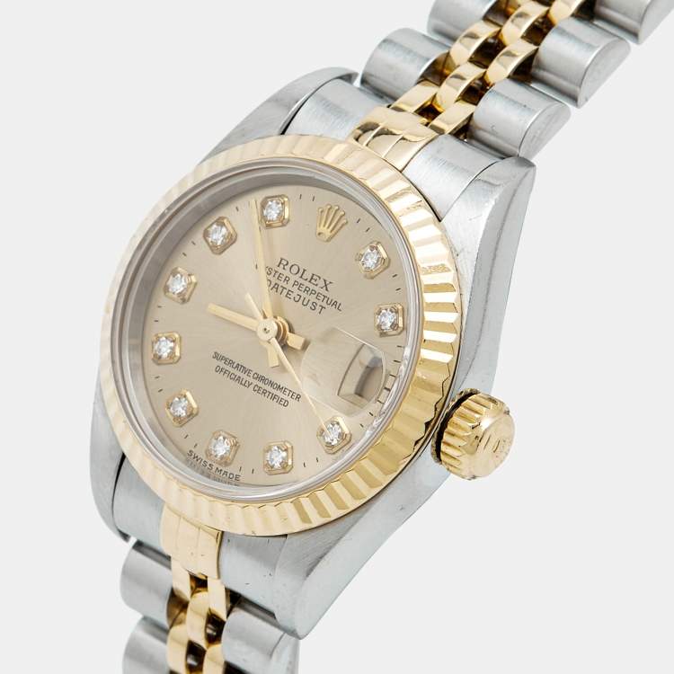 Pre Owned Rolex Datejust 69173 Champagne Dial Diamond 18K Yellow Gold Stainless Steel Women's Wristwatch 26 mm