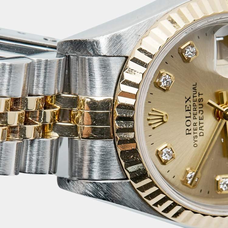 Pre Owned Rolex Datejust 69173 Champagne Dial Diamond 18K Yellow Gold Stainless Steel Women's Wristwatch 26 mm