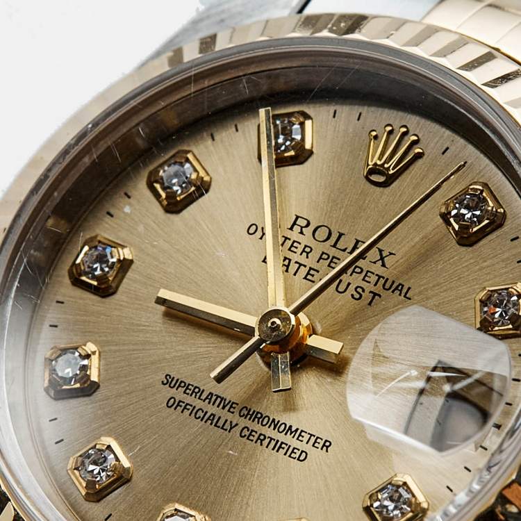 Pre Owned Rolex Datejust 69173 Champagne Dial Diamond 18K Yellow Gold Stainless Steel Women's Wristwatch 26 mm