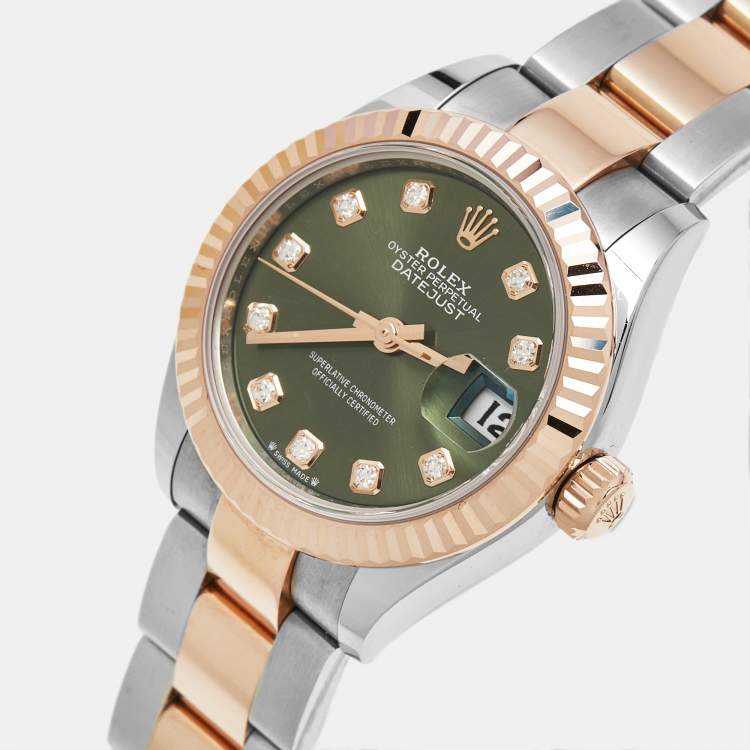 مملوكة مسبقًا ساعة يد نسائية رولكس ديت جست M279171-0008 ذهب إيفرروز عيار 18 وألماس وقرص أخضر زيت وني مقاس 28مم