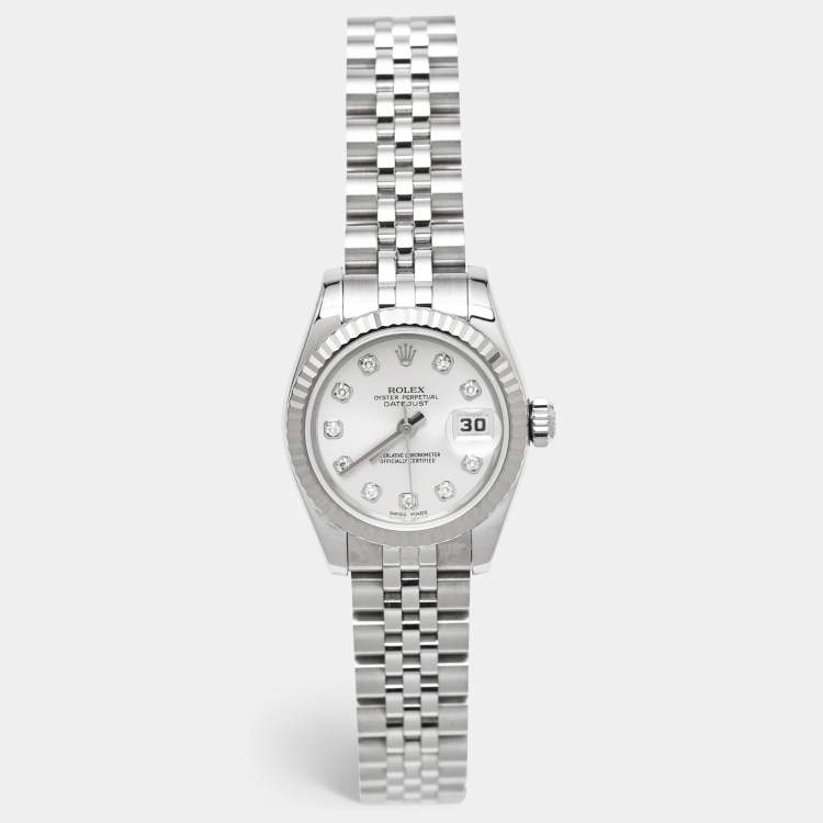 Pre Owned Rolex Datejust 179174 Silver Dial Diamond 18K White Gold Stainless Steel Women's Wristwatch 26 mm