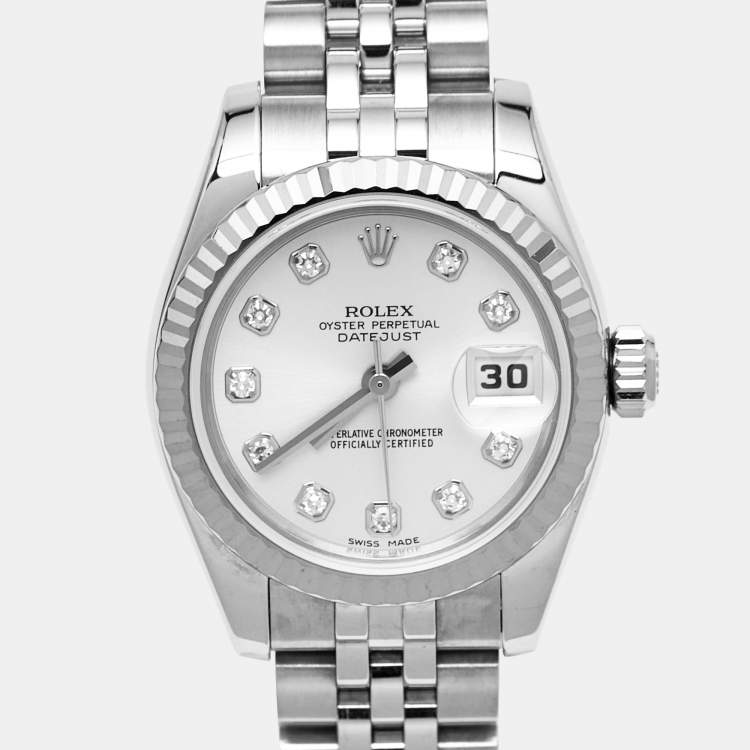 Pre Owned Rolex Datejust 179174 Silver Dial Diamond 18K White Gold Stainless Steel Women's Wristwatch 26 mm