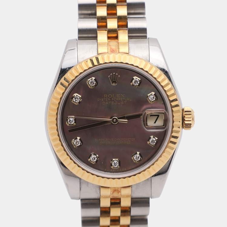Pre Owned Rolex Datejust 178273 Black Mother Of Pearl Diamond 18K Yellow Gold Stainless Steel Women's Wristwatch 31 mm