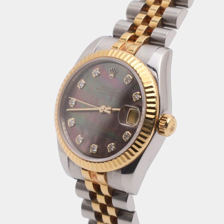 Pre Owned Rolex Datejust 178273 Black Mother Of Pearl Diamond 18K Yellow Gold Stainless Steel Women's Wristwatch 31 mm