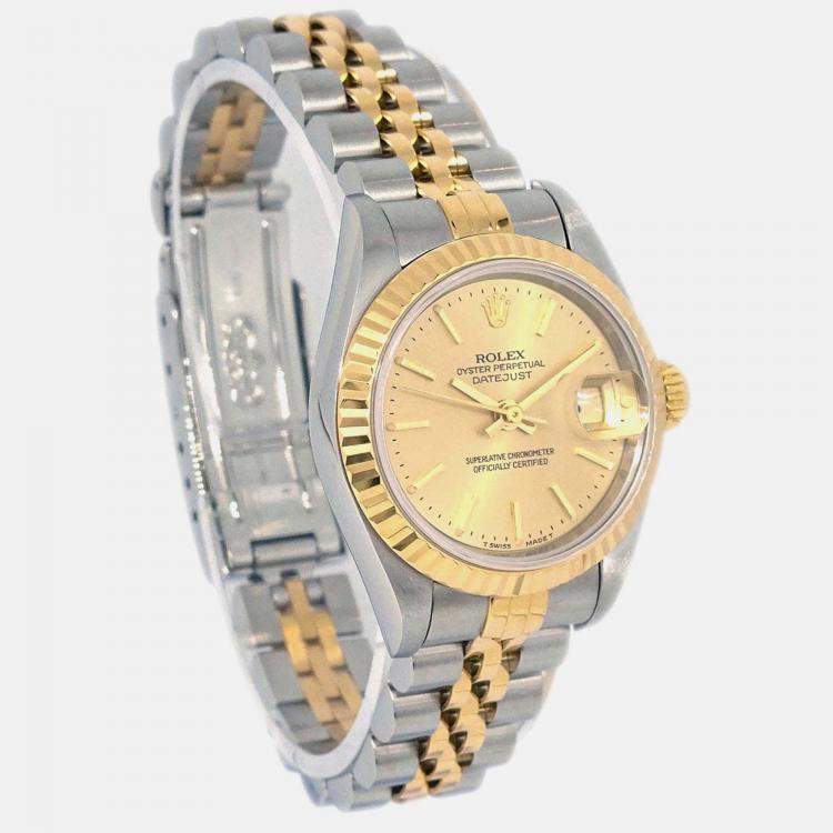 مملوكة مسبقًا Rolex Champagne 18k Yellow Gold Stainless Steel Datejust 69173 Automatic Women's Wristwatch 26 mm